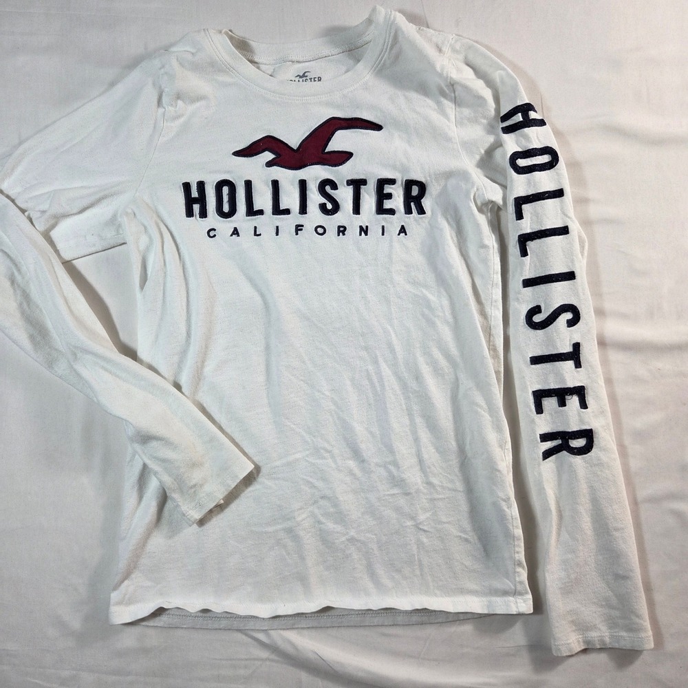 Hollister California Slim Tee White Long Sleeve Logo Graphic Shirt XS